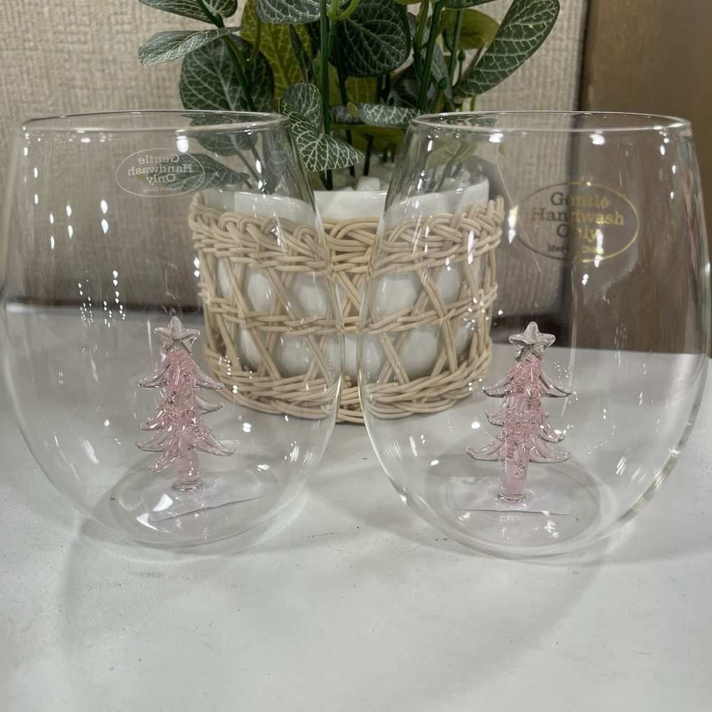 PINK Christmas Tree with Star Glass Stemless Wine glasses Set of 2 NEW